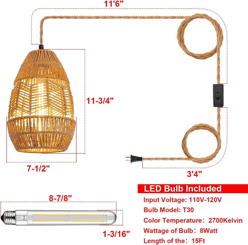 tebio Plug in Pendant Light Rattan Hanging Lights with Plug in Cord 15FT Hemp Rope Cord, On/Off Switch Chandelier for Boho Living Room Bedroom Kitchen（Bulb Included） 11 x 7 inch - Image 3